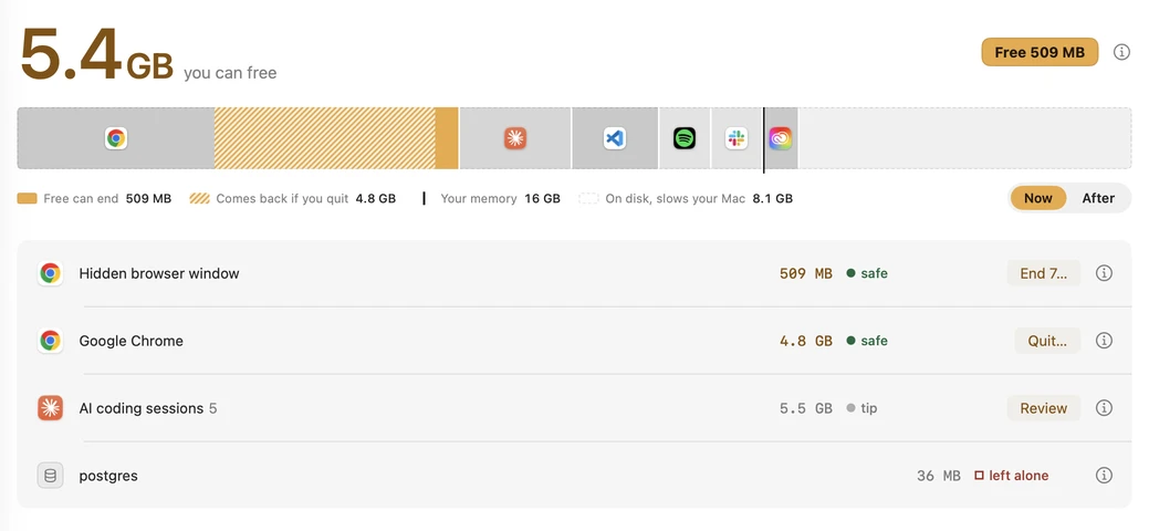 Diagnosis: 5.4 GB you can free, one bar of memory by app, then rows: a hidden browser window and Google Chrome marked safe, five AI coding sessions as a tip, postgres left alone.