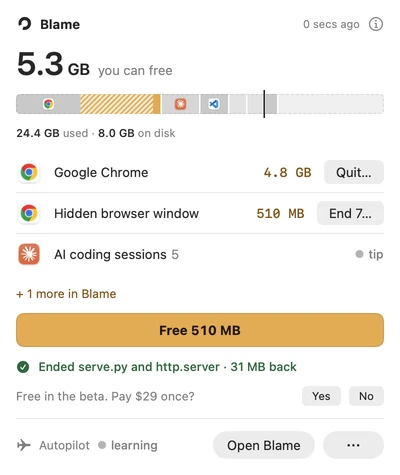 The menu-bar panel after a fix: 5.3 GB you can free, a Free 510 MB button, and Ended serve.py and http.server, 31 MB back.